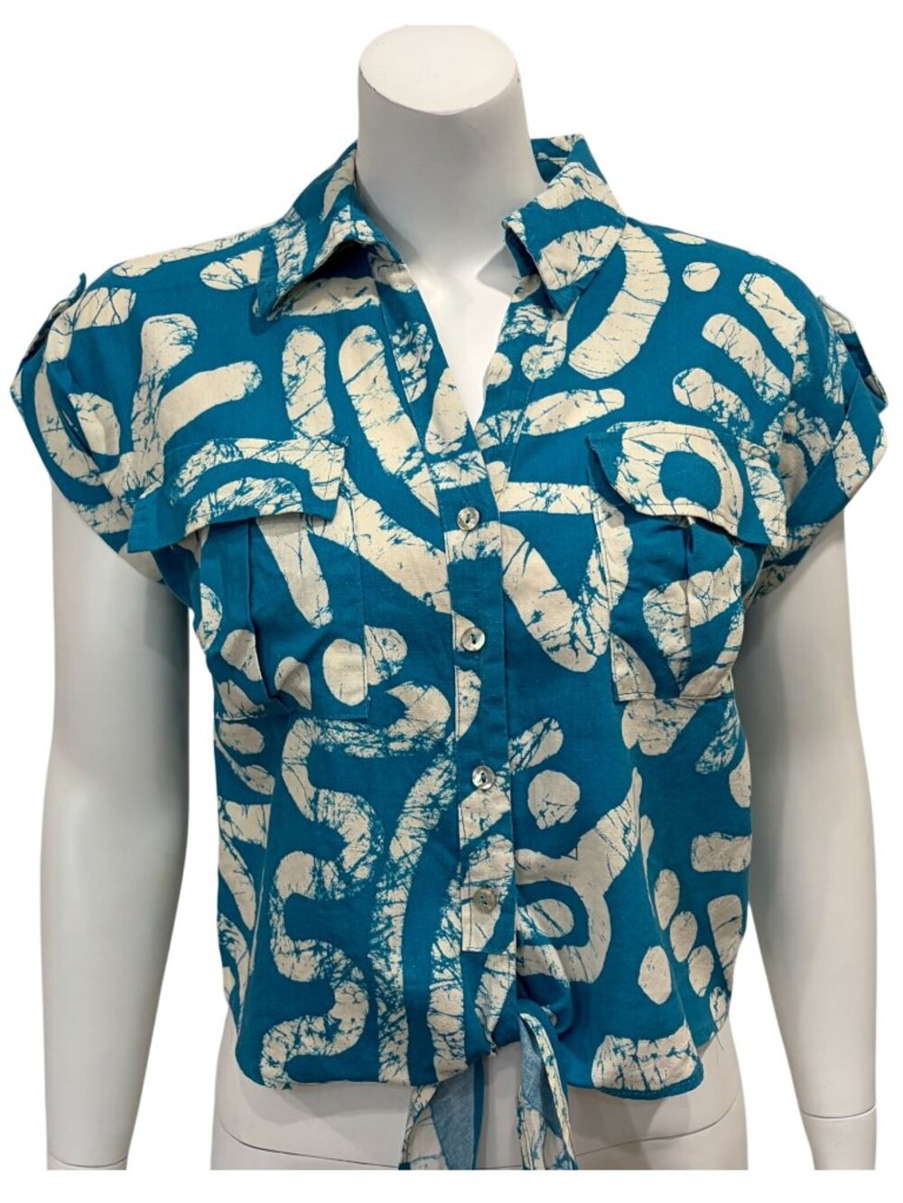 Haute Hippie Linen Blend Tie Front Shirt Womens S Blue Abstract Batik Print